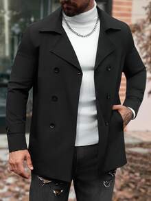 Manfinity Homme Men's Long Sleeve Casual Solid Color Turndown Collar Double-Breasted Black Trench Coat, Old Money , Fall - Black - View 4