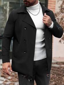Manfinity Homme Men's Long Sleeve Casual Solid Color Turndown Collar Double-Breasted Black Trench Coat, Old Money , Fall - Black - View 6
