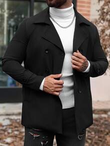Manfinity Homme Men's Long Sleeve Casual Solid Color Turndown Collar Double-Breasted Black Trench Coat, Old Money , Fall - Black - View 5