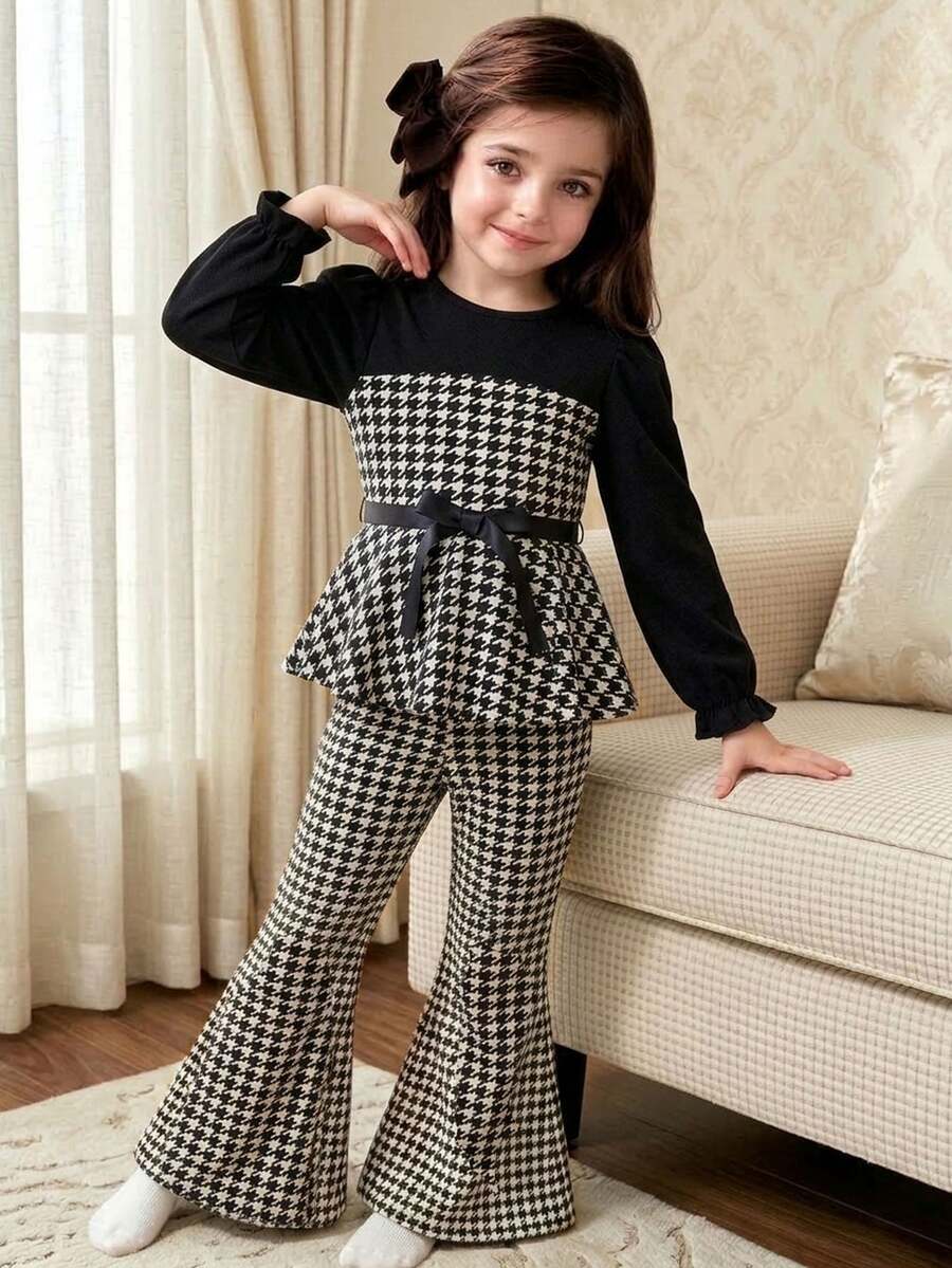 SHEIN Young Girl Patchwork Houndstooth Waist Bow Decor Top And Flare Pants Casual Set - Multicolor - View 1