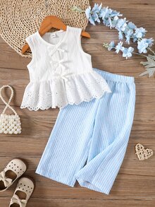 SHEIN 2件組女嬰夏季套裝 可愛藍白條紋無袖上衣與寬腿長褲 0-3歲新生兒公主亞麻度假服 - 白色 - 查看 1