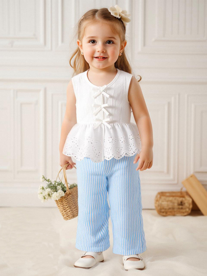 SHEIN Vintaside Kids 2件組女嬰夏季套裝 可愛藍白條紋無袖上衣與寬腿長褲 0-3歲新生兒公主亞麻度假服
