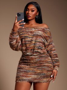 Radiana Plus Size Women's Off Shoulder Ruched Bodycon Knit Sweater Dress,Classy Brown Multi-Color Earth Tone Short Autumn Winter Date Night Dress - Multicolor - View 6