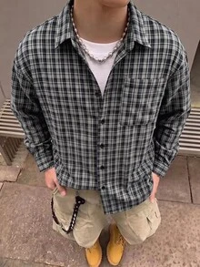 STEELVANCE 男士小格紋長袖襯衫，單口袋經典款，適合正式或休閒場合，休閒度假、用餐聚會、簡約辦公、居家休閒穿著，百搭風格，適合自穿或送禮給朋友，熱銷舒適面料襯衫 - 黑與白 - 查看 3