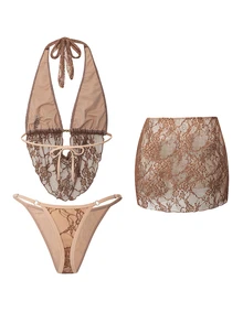 SHEIN Swim 性感撞色蕾丝串珠露背吊带比基尼上衣搭配褶皱泳裤和蕾丝裙三件套，适合春假、返校、音乐节、假期、海滩度假等场合。 - 咖啡棕 - 查看 2