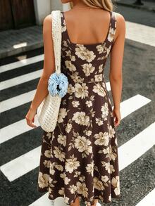 Pariaura Women's Fashionable Elegant Printed Waist Dress - Coffee Brown - View 2