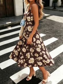Pariaura Women's Fashionable Elegant Printed Waist Dress - Coffee Brown - View 4