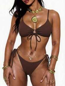 Swim Basics Conjunto de bikini de traje de baño de verano con copa arrugada y Bottom de nudo lateral para playa - Café integral - Ver 2