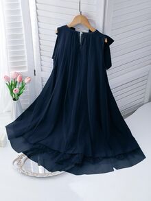 SHEIN Tween Girls Elegant Fashion Ruffle Trim Pearl Decor Mesh Girls Mini Dress, Graduation, Outfit - Navy Blue - View 2