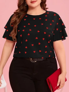 Reflora Blusa de cuello redondo con estampado de corazón y manga con volantes para mujer de talla grande - Negro - Ver 8