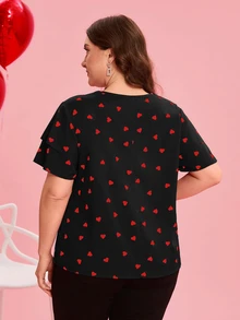 Reflora Blusa de cuello redondo con estampado de corazón y manga con volantes para mujer de talla grande - Negro - Ver 7