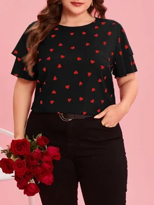 Reflora Blusa de cuello redondo con estampado de corazón y manga con volantes para mujer de talla grande - Negro - Ver 4