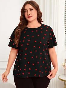 Reflora Blusa de cuello redondo con estampado de corazón y manga con volantes para mujer de talla grande - Negro - Ver 9