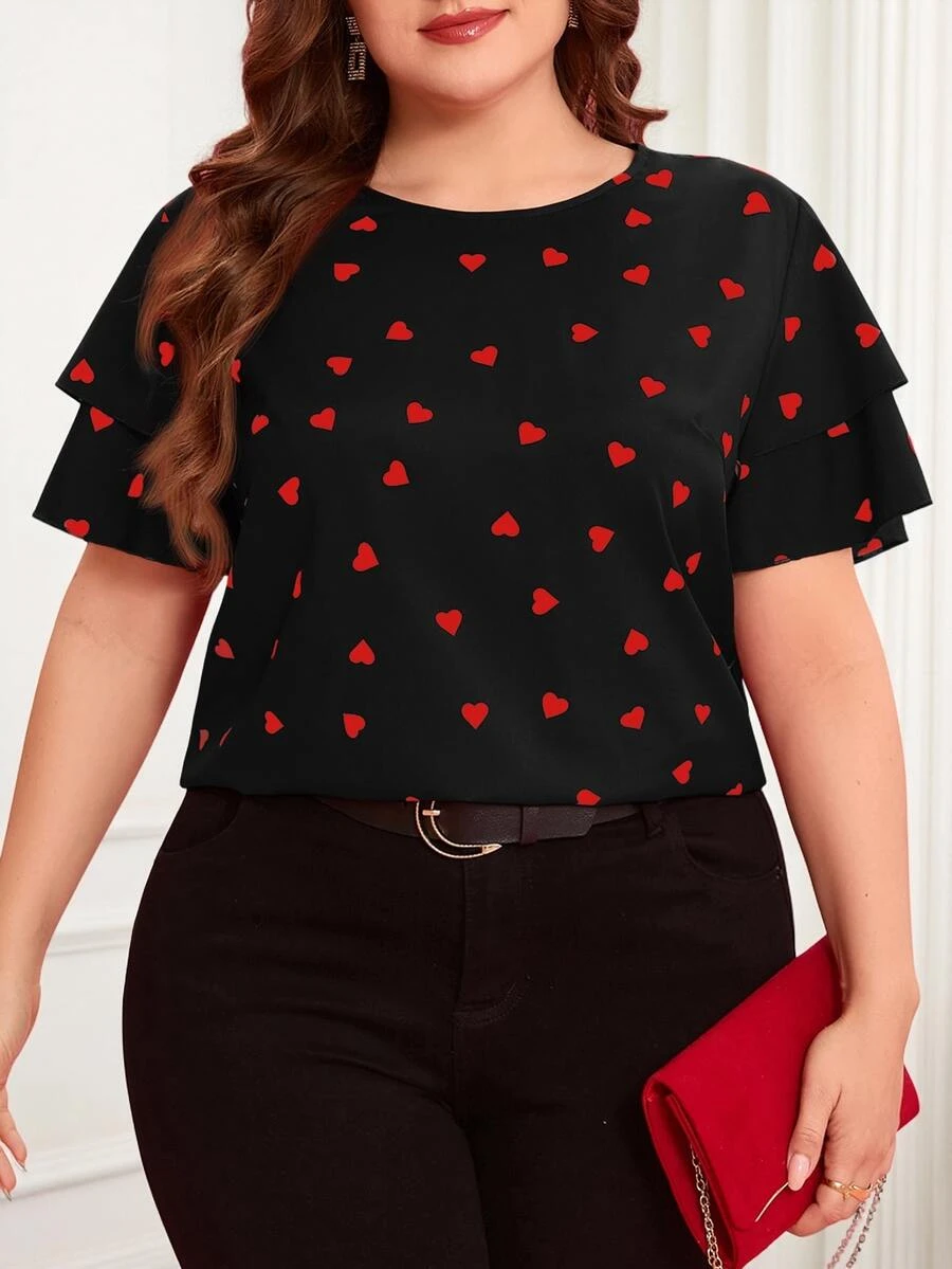 Reflora Blusa de cuello redondo con estampado de corazón y manga con volantes para mujer de talla grande - Negro - Ver 1