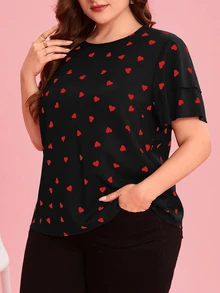 Reflora Blusa de cuello redondo con estampado de corazón y manga con volantes para mujer de talla grande - Negro - Ver 6