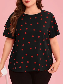 Reflora Blusa de cuello redondo con estampado de corazón y manga con volantes para mujer de talla grande - Negro - Ver 2