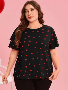 Reflora Blusa de cuello redondo con estampado de corazón y manga con volantes para mujer de talla grande - Negro - Ver 5