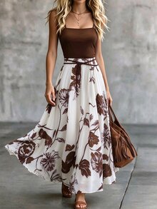 Franclia Plus Size Women's Elegant Floral Print Spaghetti Strap Vacation Dress - Brown - View 1