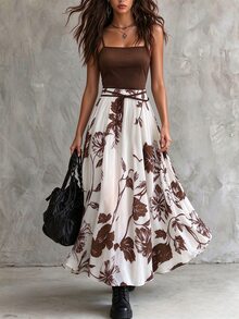 Franclia Plus Size Women's Elegant Floral Print Spaghetti Strap Vacation Dress - Brown - View 7