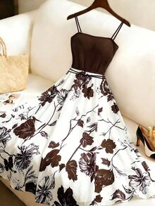 Franclia Plus Size Women's Elegant Floral Print Spaghetti Strap Vacation Dress - Brown - View 3