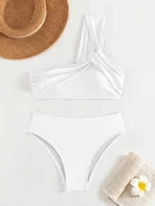 SHEIN Swim Women's Solid Color Minimalist Asymmetric Swimwear Set - White - View 5