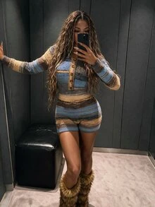 Amplova Women's Colorblock Casual Sexy Retro Vintage 70s Daily Night Knit Romper Everyday Travel Blue Stripe Autumn - Blue - View 2