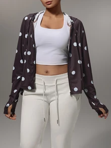 SHEIN Glamour Women's Minimalist Zipper Polka Dot Sun Protection Jacket - Brown - View 10