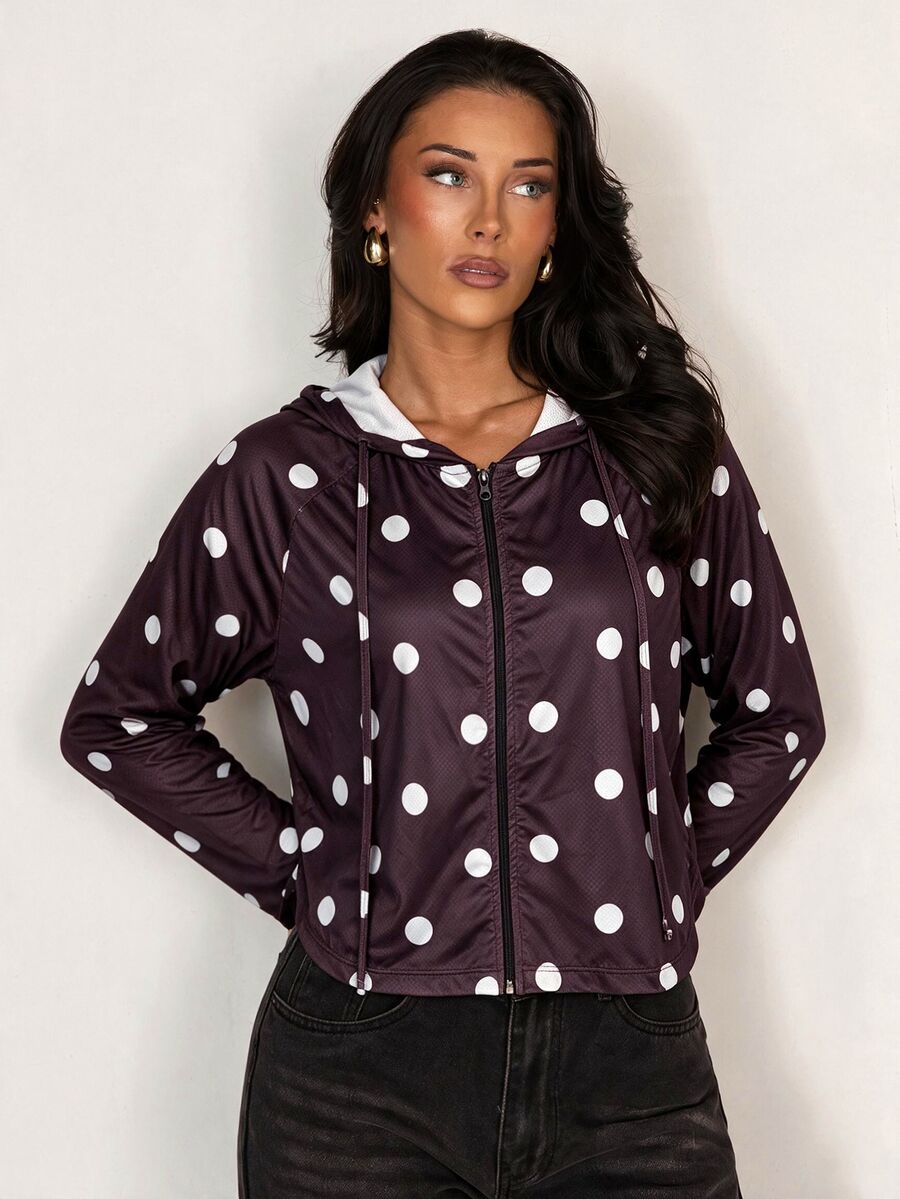 SHEIN Glamour Women's Minimalist Zipper Polka Dot Sun Protection Jacket - Brown - View 1