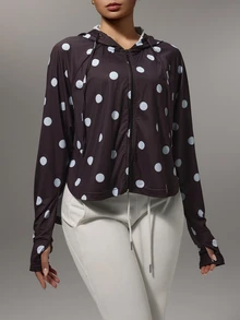 SHEIN Glamour Women's Minimalist Zipper Polka Dot Sun Protection Jacket - Brown - View 7