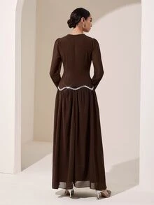 Graceveil Brown Round Neck Petal Sleeve Middle Eastern Gentle Style Sequin Wavy Hem Long Chiffon Dress - Coffee - View 2