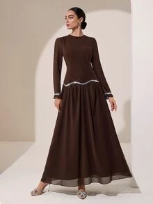 Graceveil Brown Round Neck Petal Sleeve Middle Eastern Gentle Style Sequin Wavy Hem Long Chiffon Dress - Coffee - View 4