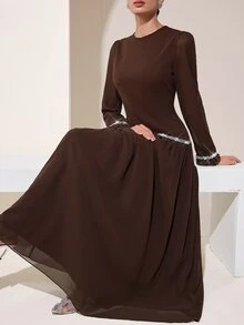 Graceveil Brown Round Neck Petal Sleeve Middle Eastern Gentle Style Sequin Wavy Hem Long Chiffon Dress - Coffee - View 7