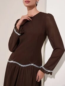 Graceveil Brown Round Neck Petal Sleeve Middle Eastern Gentle Style Sequin Wavy Hem Long Chiffon Dress - Coffee - View 5