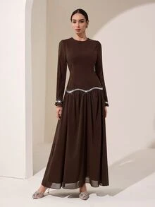 Graceveil Brown Round Neck Petal Sleeve Middle Eastern Gentle Style Sequin Wavy Hem Long Chiffon Dress - Coffee - View 3