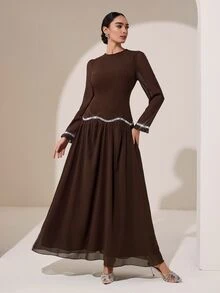 Graceveil Brown Round Neck Petal Sleeve Middle Eastern Gentle Style Sequin Wavy Hem Long Chiffon Dress - Coffee - View 6