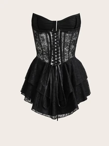Sweetina Solid Color Lace Strapless Metal Button Waist Tie A-Line Corset Dress,Party Dresses For Women - Black - View 3