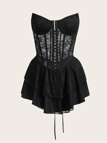 Sweetina Solid Color Lace Strapless Metal Button Waist Tie A-Line Corset Dress,Party Dresses For Women - Black - View 2