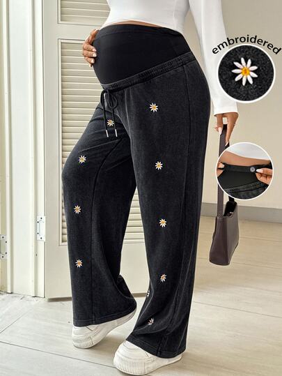 SHEIN Pantalones de chándal casuales de uso diario con patrón floral bordado y cintura ajustable para maternidad