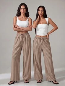 SHEIN Tall 女款高個子版復古粉白條紋直筒長褲，休閒通勤度假風秋季工作褲 - 棕色 - 查看 4