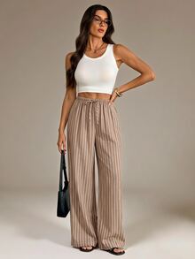 SHEIN Tall 女款高個子版復古粉白條紋直筒長褲，休閒通勤度假風秋季工作褲 - 棕色 - 查看 5