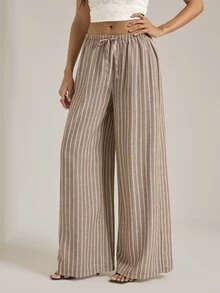 SHEIN Tall 女款高個子版復古粉白條紋直筒長褲，休閒通勤度假風秋季工作褲 - 棕色 - 查看 9