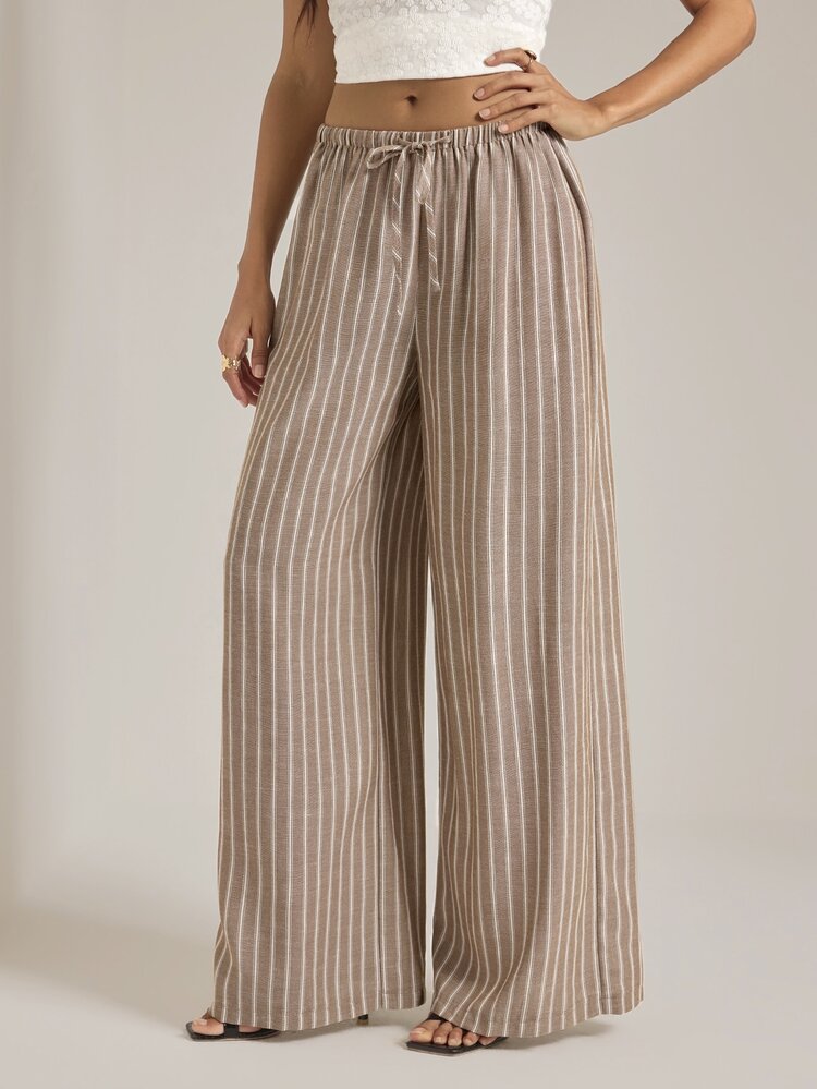 SHEIN Tall Women's Tall-Size Vintage Brown Striped Straight-Leg Trousers – Casual Workwear/Commuter Style - Brown - View 9