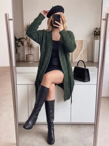 Vionelle Cardigan Sweater Panjang Sedang Longgar dengan Tali Serut untuk Wanita Ukuran Plus, Pakaian Luar Kasual Serbaguna untuk Musim Gugur/Dingin - Hijau - View 7