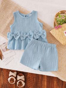 SHEIN Vintaside Kids 嬰兒/幼兒 (小號) 淺藍色無袖蝴蝶結寬下擺背心上衣簡單短褲套裝，夏季兒童時尚活力休閒可愛女嬰 - 藍色 - 查看 3