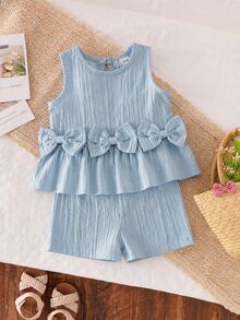 SHEIN Vintaside Kids 嬰兒/幼兒 (小號) 淺藍色無袖蝴蝶結寬下擺背心上衣簡單短褲套裝，夏季兒童時尚活力休閒可愛女嬰 - 藍色 - 查看 8
