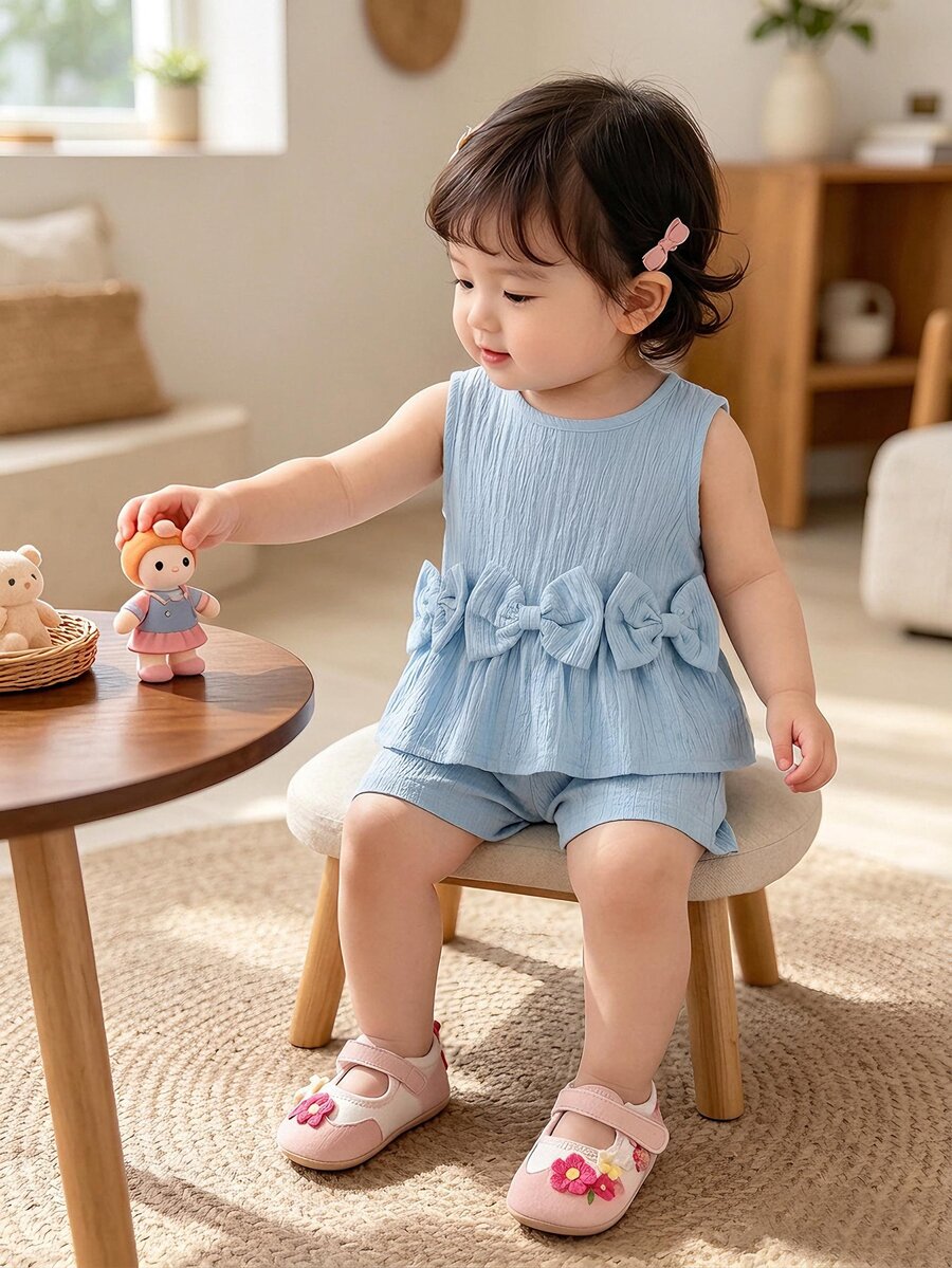 SHEIN Vintaside Kids 嬰兒/幼兒 (小號) 淺藍色無袖蝴蝶結寬下擺背心上衣簡單短褲套裝,夏季兒童時尚活力休閒可愛女嬰 - 藍色 - 查看 1