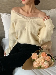 DAZY Women's Lace Patchwork Casual Daily Long Sleeve Sweater - Apricot - View 5