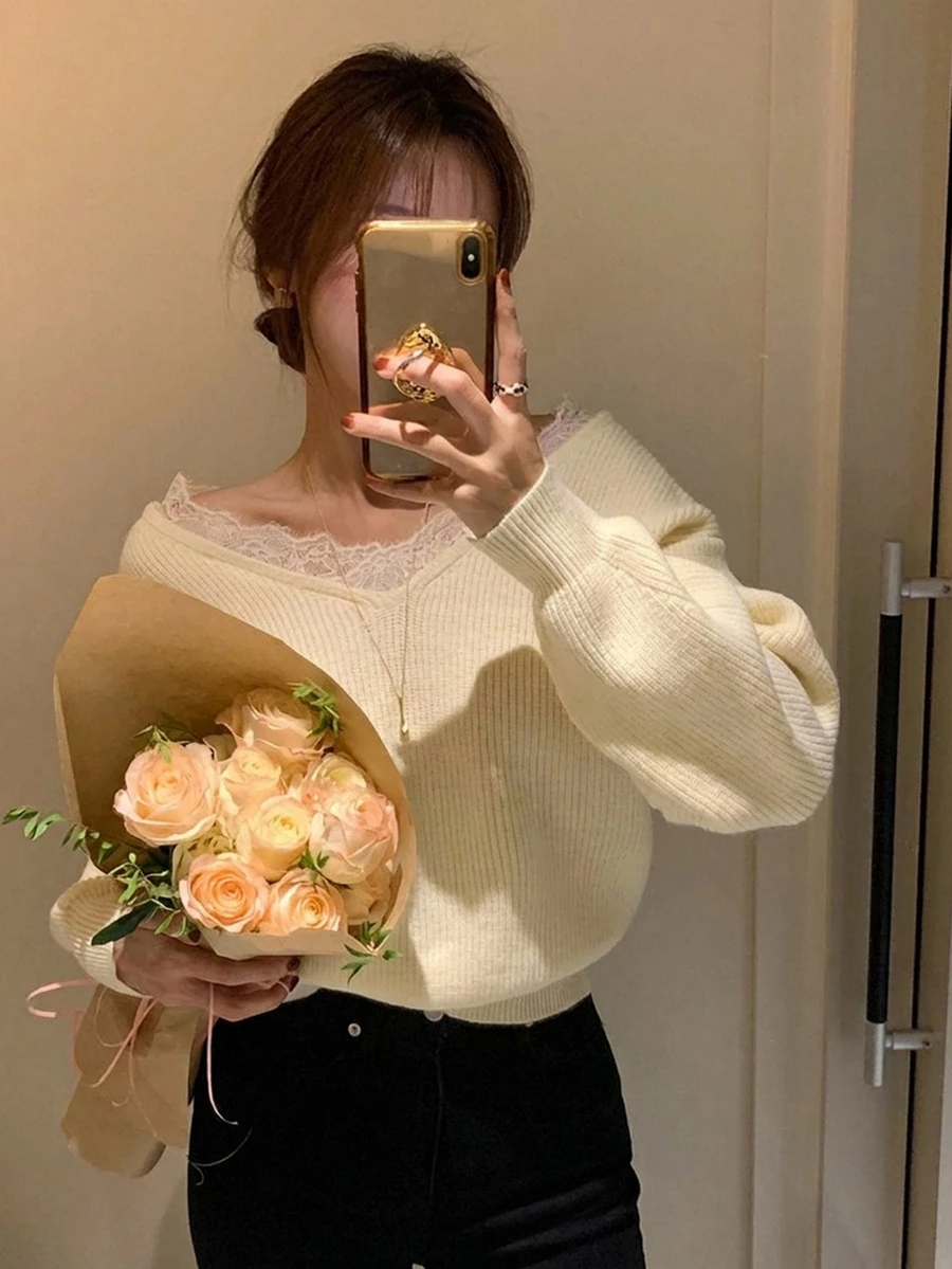 DAZY Women's Lace Patchwork Casual Daily Long Sleeve Sweater - Apricot - View 1