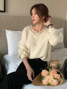DAZY Women's Lace Patchwork Casual Daily Long Sleeve Sweater - Apricot - View 7