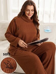 EMERY ROSE Women's Plus Size Vintage Button Decor Autumn/Winter Set Autumn Clothes For Women Winter Clothes Women Fall/Winter Sets Fall Winter 2026 - Redwood - View 5